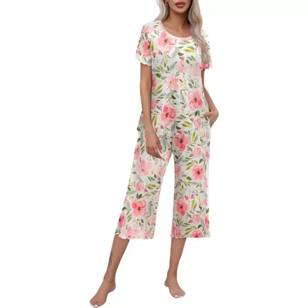 Ekouaer Womens Pajamas Set Short Sleeve Top With Capri Pants Pjs Lounge  Sleepwear Set SXXLWhitePink Floral