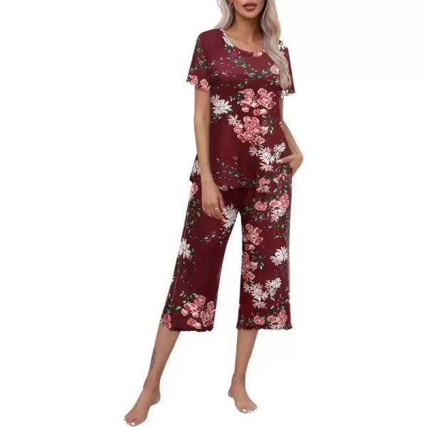 Ekouaer Womens Pajamas Set Short Sleeve Top With Capri Pants Pjs Lounge  Sleepwear Set SXXLWinePink Rose