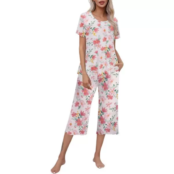 Ekouaer Womens Pajamas Set Short Sleeve Top With Capri Pants Pjs Lounge  Sleepwear Set SXXLWiteRed Flower