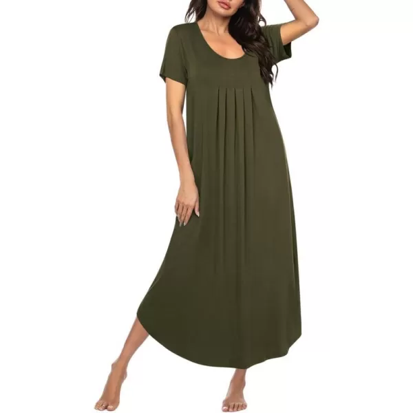 Ekouaer Womens Short Sleeve Long Nightgown Pleated Sleep Dress Soft Nightshirt Sleepwear Lounge DressesAarmy Green