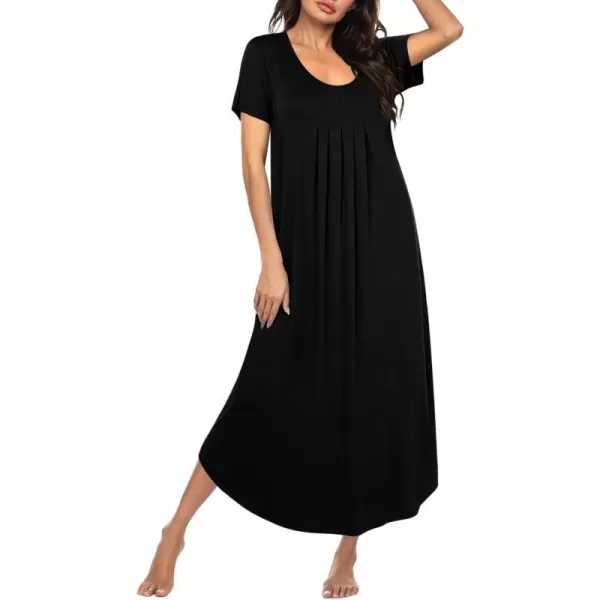 Ekouaer Womens Short Sleeve Long Nightgown Pleated Sleep Dress Soft Nightshirt Sleepwear Lounge DressesBlack