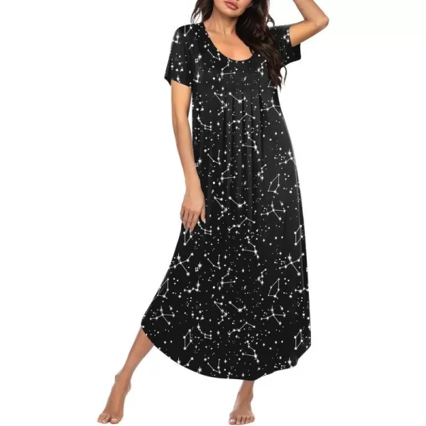 Ekouaer Womens Short Sleeve Long Nightgown Pleated Sleep Dress Soft Nightshirt Sleepwear Lounge DressesBlack Star