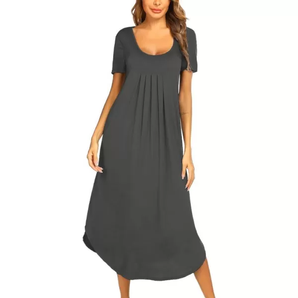 Ekouaer Womens Short Sleeve Long Nightgown Pleated Sleep Dress Soft Nightshirt Sleepwear Lounge DressesDark Grey