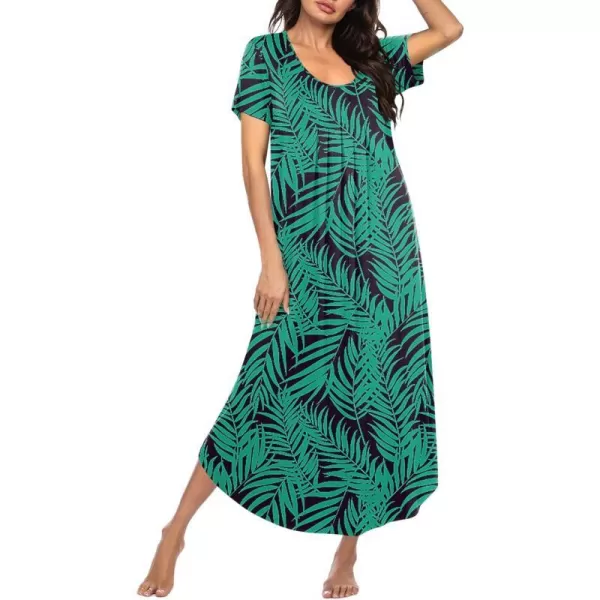 Ekouaer Womens Short Sleeve Long Nightgown Pleated Sleep Dress Soft Nightshirt Sleepwear Lounge DressesGreen Leaf