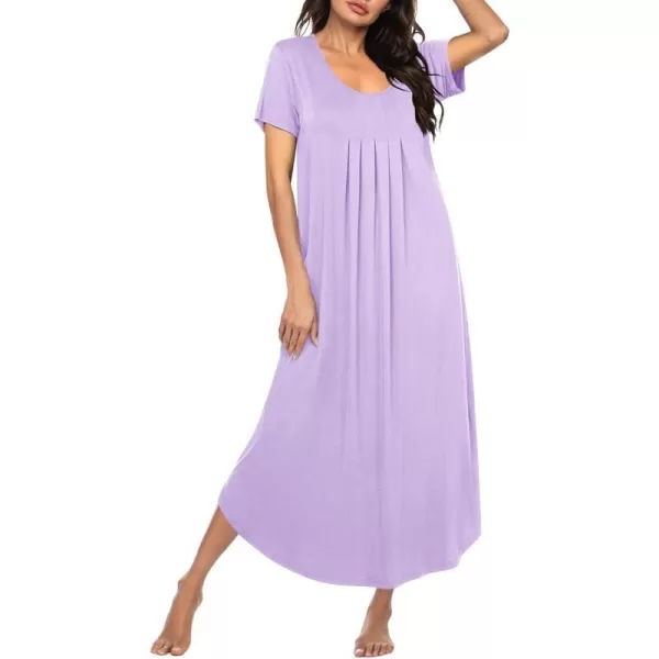 Ekouaer Womens Short Sleeve Long Nightgown Pleated Sleep Dress Soft Nightshirt Sleepwear Lounge DressesLilac