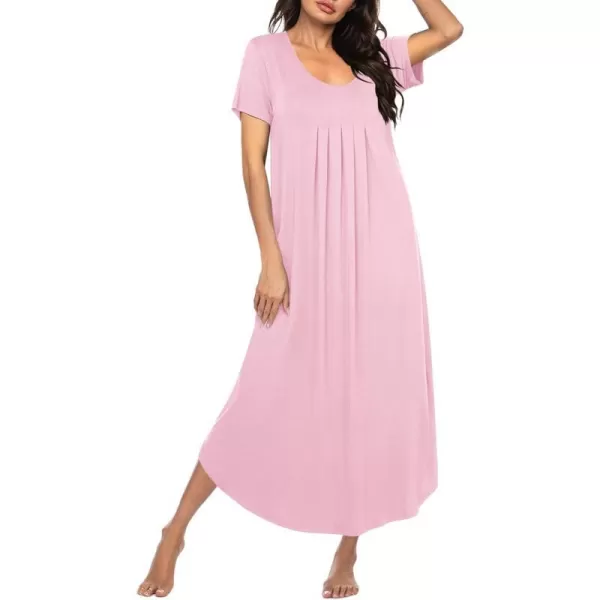 Ekouaer Womens Short Sleeve Long Nightgown Pleated Sleep Dress Soft Nightshirt Sleepwear Lounge DressesMisty Rose