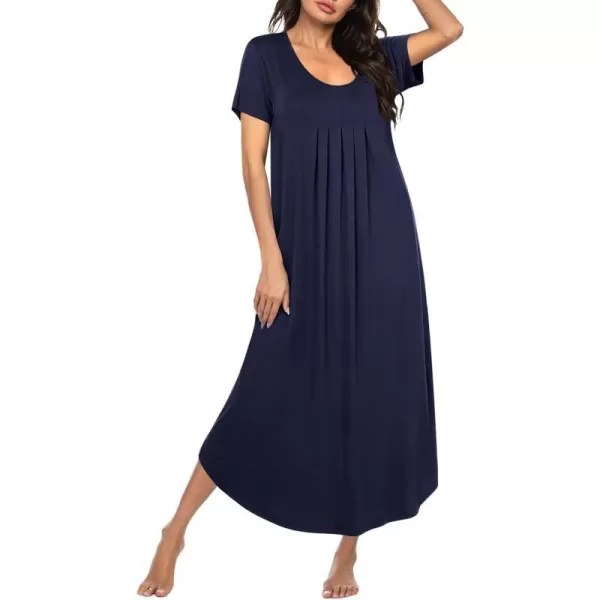 Ekouaer Womens Short Sleeve Long Nightgown Pleated Sleep Dress Soft Nightshirt Sleepwear Lounge DressesNavy Blue