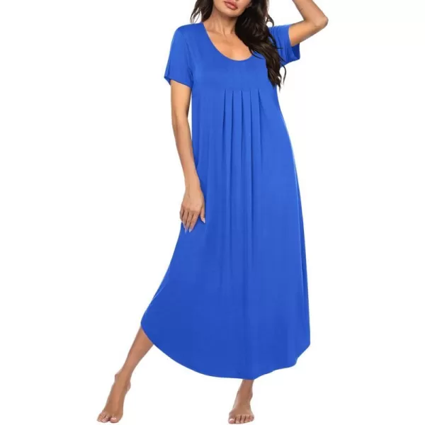 Ekouaer Womens Short Sleeve Long Nightgown Pleated Sleep Dress Soft Nightshirt Sleepwear Lounge DressesSky Blue