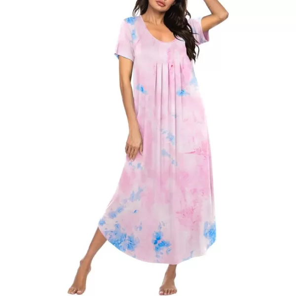 Ekouaer Womens Short Sleeve Long Nightgown Pleated Sleep Dress Soft Nightshirt Sleepwear Lounge DressesTie Dye Pink