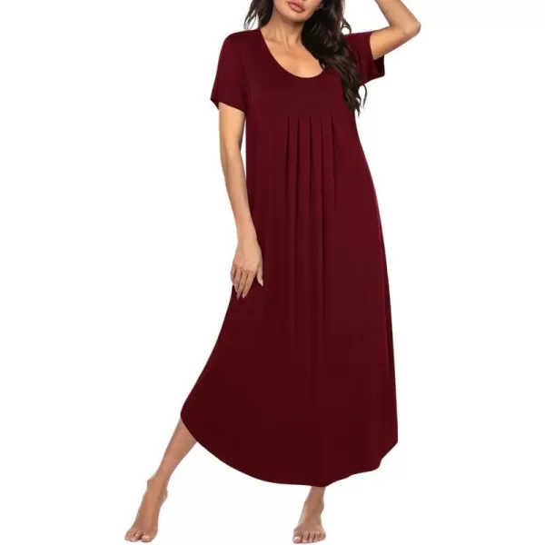 Ekouaer Womens Short Sleeve Long Nightgown Pleated Sleep Dress Soft Nightshirt Sleepwear Lounge DressesWine Red