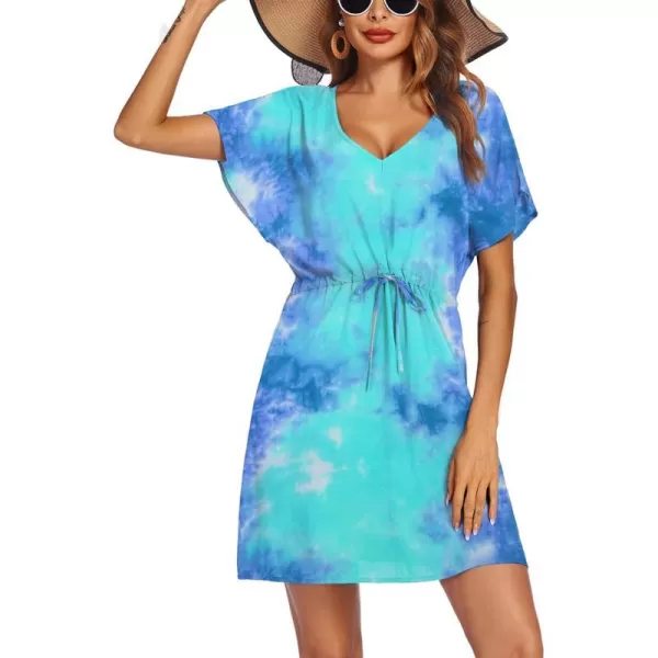 Ekouaer Womens Swimsuit Coverup Short Sleeve Beach Cover Up Dress V Neck Bikini BeachwearMarine Tie Dye01