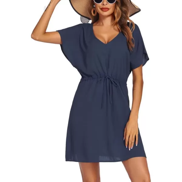 Ekouaer Womens Swimsuit Coverup Short Sleeve Beach Cover Up Dress V Neck Bikini BeachwearNavy Blue201