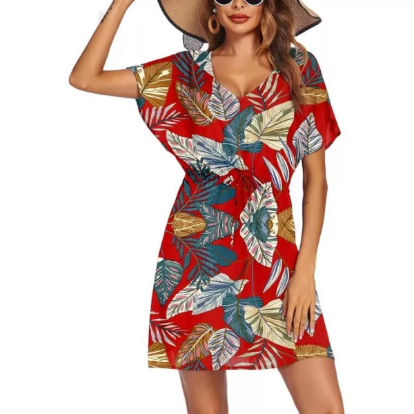 Ekouaer Womens Swimsuit Coverup Short Sleeve Beach Cover Up Dress V Neck Bikini BeachwearRed Leaf01