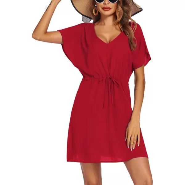 Ekouaer Womens Swimsuit Coverup Short Sleeve Beach Cover Up Dress V Neck Bikini BeachwearRed01