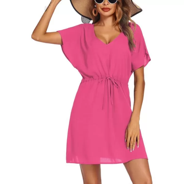 Ekouaer Womens Swimsuit Coverup Short Sleeve Beach Cover Up Dress V Neck Bikini BeachwearRose201