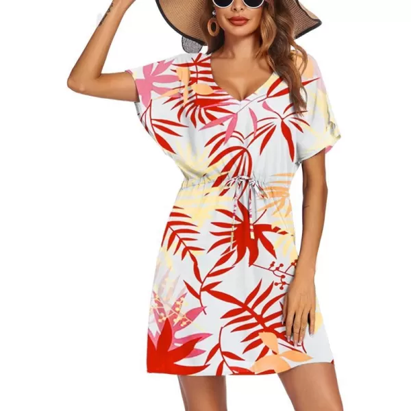 Ekouaer Womens Swimsuit Coverup Short Sleeve Beach Cover Up Dress V Neck Bikini BeachwearWhite Red Leaf01