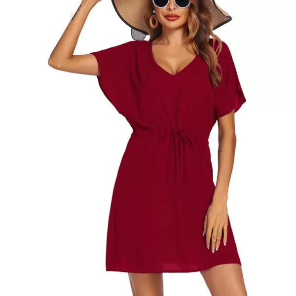 Ekouaer Womens Swimsuit Coverup Short Sleeve Beach Cover Up Dress V Neck Bikini BeachwearWine Red01