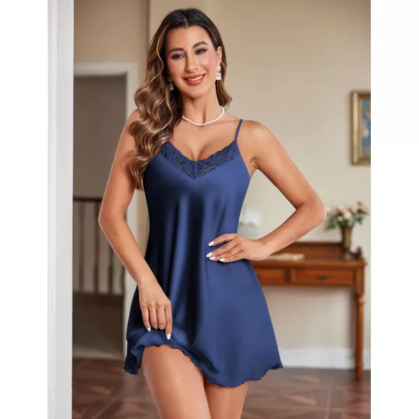 Ekouaer 2 Pack Satin Nightgowns for Women Sexy Lingerie Lace Chemise Slip Silk Negligee Babydoll Nighty V Neck SleepwearWhitedark Blue