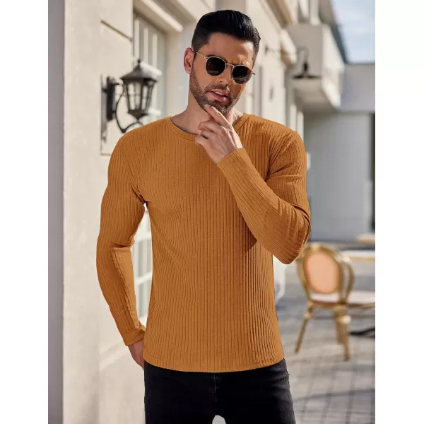 Ekouaer Mens Long Sleeve Shirts Ribbed Pullover Sweater Sim Fit Thermal Tops Crew Neck Stretchy Undershirts SXXLLight Brown