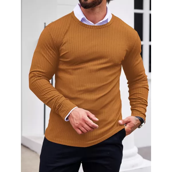 Ekouaer Mens Long Sleeve Shirts Ribbed Pullover Sweater Sim Fit Thermal Tops Crew Neck Stretchy Undershirts SXXLLight Brown