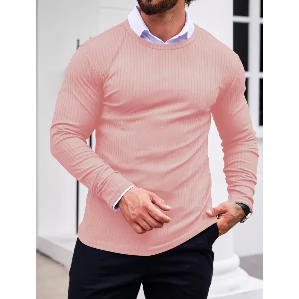 Ekouaer Mens Long Sleeve Shirts Ribbed Pullover Sweater Sim Fit Thermal Tops Crew Neck Stretchy Undershirts SXXLLight Pink