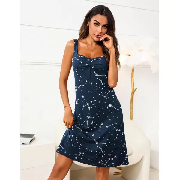 Ekouaer Nightgowns for Women Night Shirts Sleeveless Sleep Shirts Pleated Front Sleepwear Sweetheart Neck Night DressStar Sky