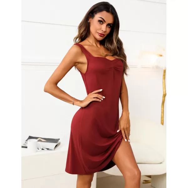 Ekouaer Nightgowns for Women Night Shirts Sleeveless Sleep Shirts Pleated Front Sleepwear Sweetheart Neck Night DressWine Red