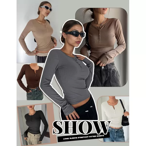 Ekouaer Womens Long Sleeve Shirts 3 Packs Henley Button Down Tops Ribbed Slim Fit Base Layer Soft Thermal TeeBlack  Dark Gray  Brown 3pcs