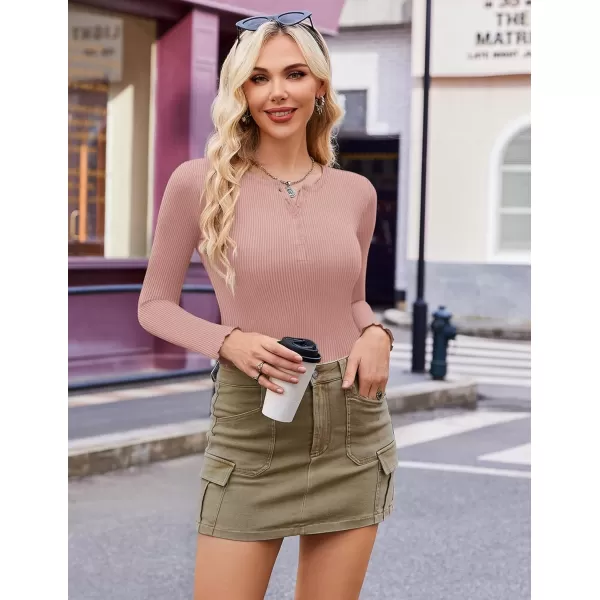 Ekouaer Womens Long Sleeve Shirts 3 Packs Henley Button Down Tops Ribbed Slim Fit Base Layer Soft Thermal TeeBlack  Pink  Light Gray 3pcs