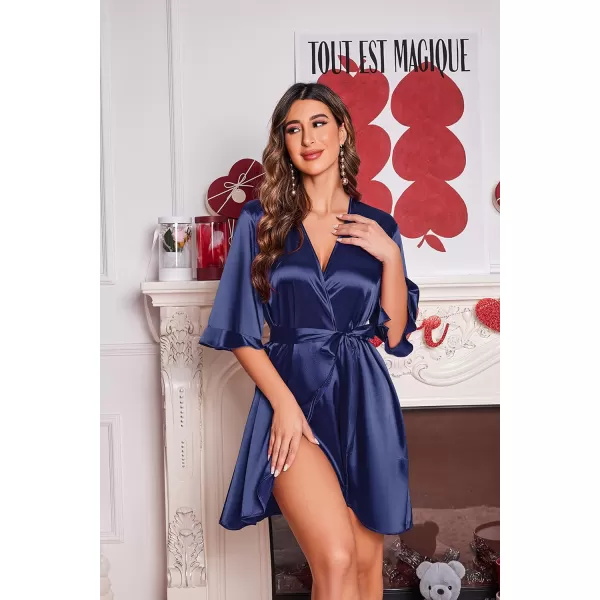 Ekouaer Womens Satin Robe Valentines Lingerie for Women Kimono Bathrobe Short Ruffle Belted Robes Bridesmaids SleepwearAnavy Blue