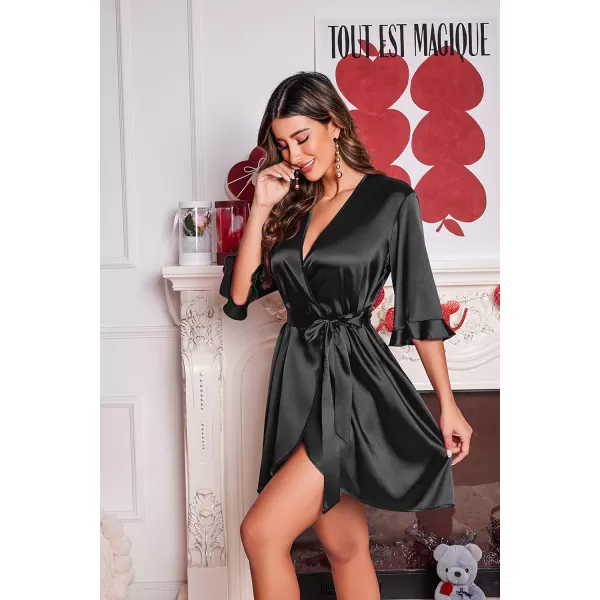 Ekouaer Womens Satin Robe Valentines Lingerie for Women Kimono Bathrobe Short Ruffle Belted Robes Bridesmaids SleepwearBlack