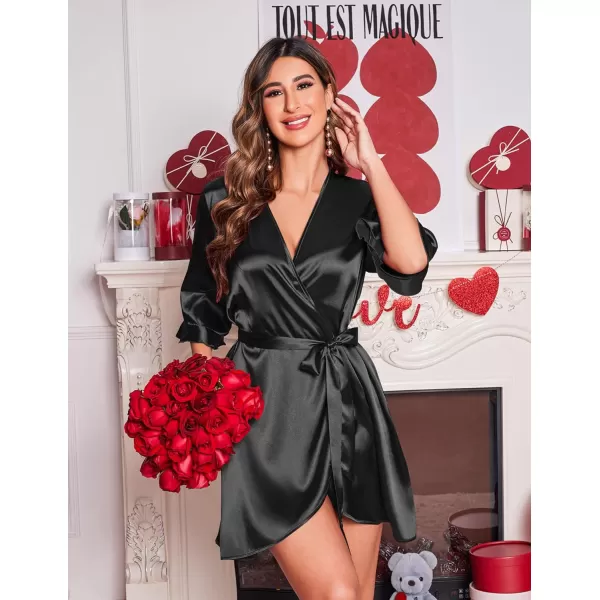 Ekouaer Womens Satin Robe Valentines Lingerie for Women Kimono Bathrobe Short Ruffle Belted Robes Bridesmaids SleepwearBlack