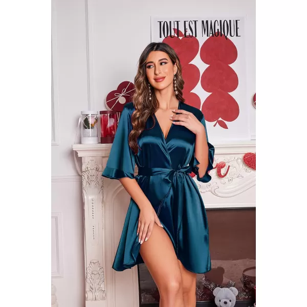 Ekouaer Womens Satin Robe Valentines Lingerie for Women Kimono Bathrobe Short Ruffle Belted Robes Bridesmaids SleepwearBlue Green