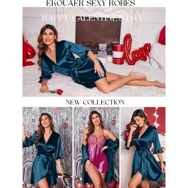 Ekouaer Womens Satin Robe Valentines Lingerie for Women Kimono Bathrobe Short Ruffle Belted Robes Bridesmaids SleepwearBlue Green