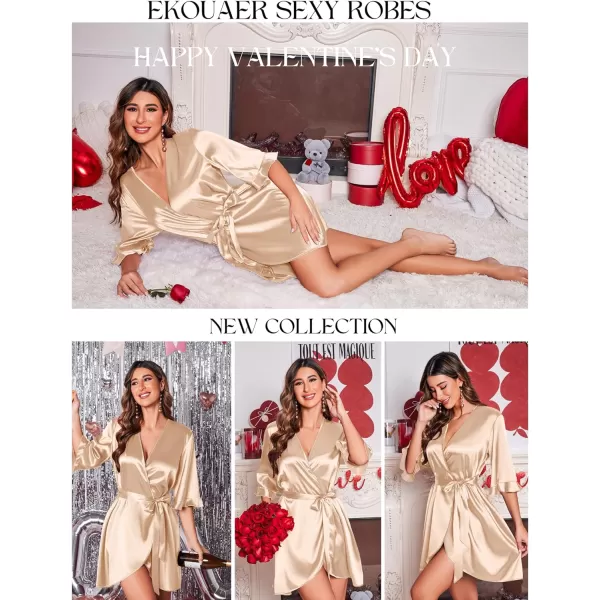 Ekouaer Womens Satin Robe Valentines Lingerie for Women Kimono Bathrobe Short Ruffle Belted Robes Bridesmaids SleepwearChampagne