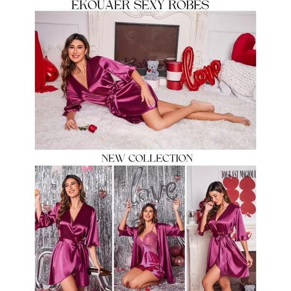 Ekouaer Womens Satin Robe Valentines Lingerie for Women Kimono Bathrobe Short Ruffle Belted Robes Bridesmaids SleepwearCherry Red