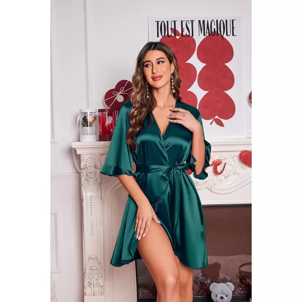 Ekouaer Womens Satin Robe Valentines Lingerie for Women Kimono Bathrobe Short Ruffle Belted Robes Bridesmaids SleepwearDark Green