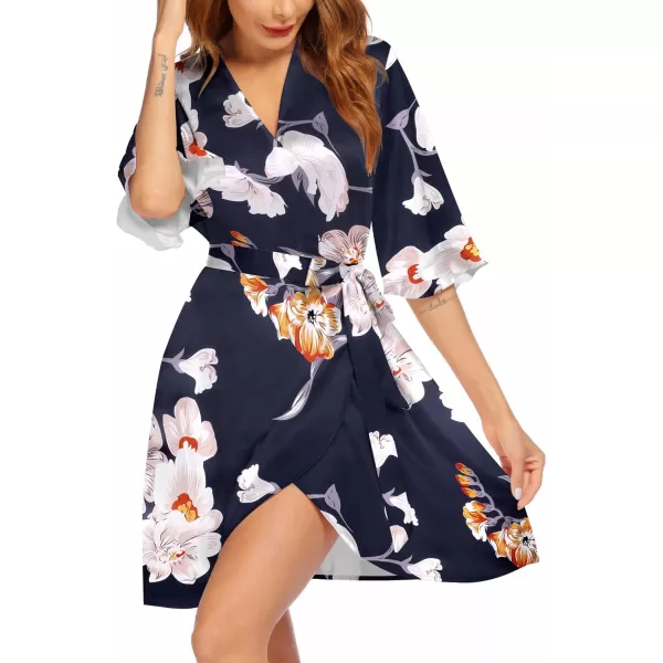 Ekouaer Womens Satin Robe Valentines Lingerie for Women Kimono Bathrobe Short Ruffle Belted Robes Bridesmaids SleepwearNavy Floral