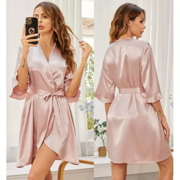 Ekouaer Womens Satin Robe Valentines Lingerie for Women Kimono Bathrobe Short Ruffle Belted Robes Bridesmaids SleepwearPastel Pink