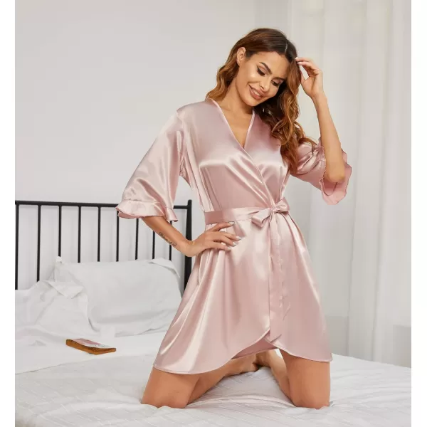 Ekouaer Womens Satin Robe Valentines Lingerie for Women Kimono Bathrobe Short Ruffle Belted Robes Bridesmaids SleepwearPastel Pink