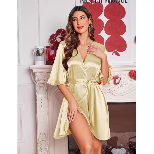 Ekouaer Womens Satin Robe Valentines Lingerie for Women Kimono Bathrobe Short Ruffle Belted Robes Bridesmaids SleepwearRose Gold