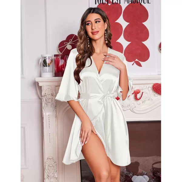 Ekouaer Womens Satin Robe Valentines Lingerie for Women Kimono Bathrobe Short Ruffle Belted Robes Bridesmaids SleepwearWhite