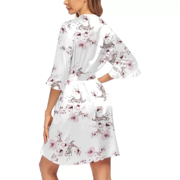 Ekouaer Womens Satin Robe Valentines Lingerie for Women Kimono Bathrobe Short Ruffle Belted Robes Bridesmaids SleepwearWhite Floral