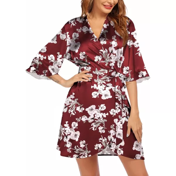 Ekouaer Womens Satin Robe Valentines Lingerie for Women Kimono Bathrobe Short Ruffle Belted Robes Bridesmaids SleepwearWine Floral