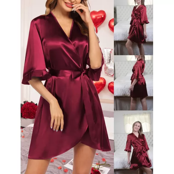 Ekouaer Womens Satin Robe Valentines Lingerie for Women Kimono Bathrobe Short Ruffle Belted Robes Bridesmaids SleepwearWine Red