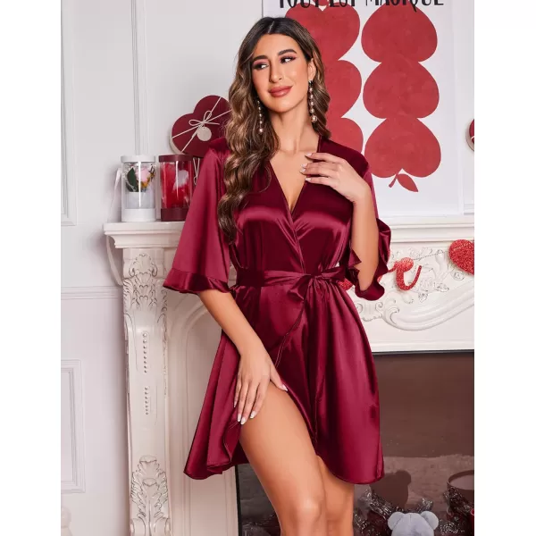 Ekouaer Womens Satin Robe Valentines Lingerie for Women Kimono Bathrobe Short Ruffle Belted Robes Bridesmaids SleepwearWine Red