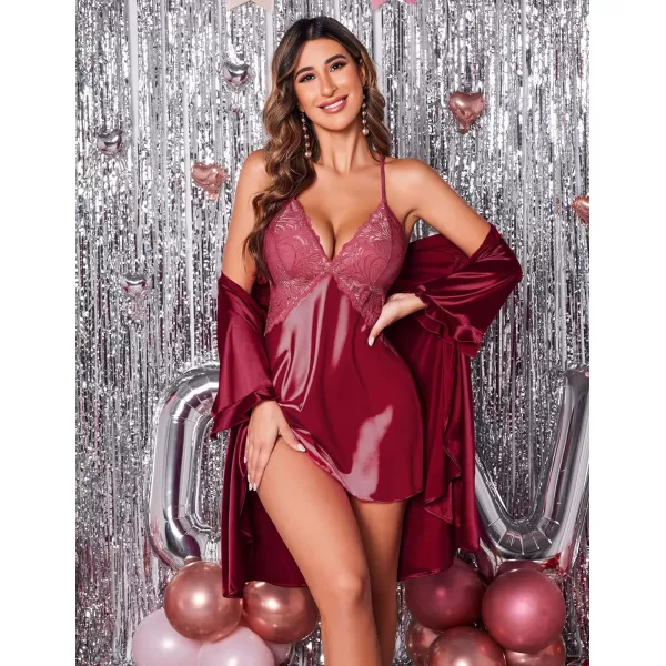 Ekouaer Womens Satin Robe Valentines Lingerie for Women Kimono Bathrobe Short Ruffle Belted Robes Bridesmaids SleepwearWine Red