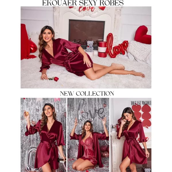 Ekouaer Womens Satin Robe Valentines Lingerie for Women Kimono Bathrobe Short Ruffle Belted Robes Bridesmaids SleepwearWine Red