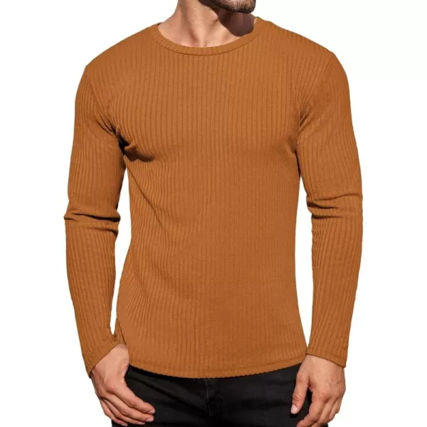 Ekouaer Mens Long Sleeve Shirts Ribbed Pullover Sweater Sim Fit Thermal Tops Crew Neck Stretchy Undershirts SXXLLight Brown