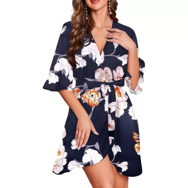 Ekouaer Womens Satin Robe Valentines Lingerie for Women Kimono Bathrobe Short Ruffle Belted Robes Bridesmaids SleepwearNavy Floral